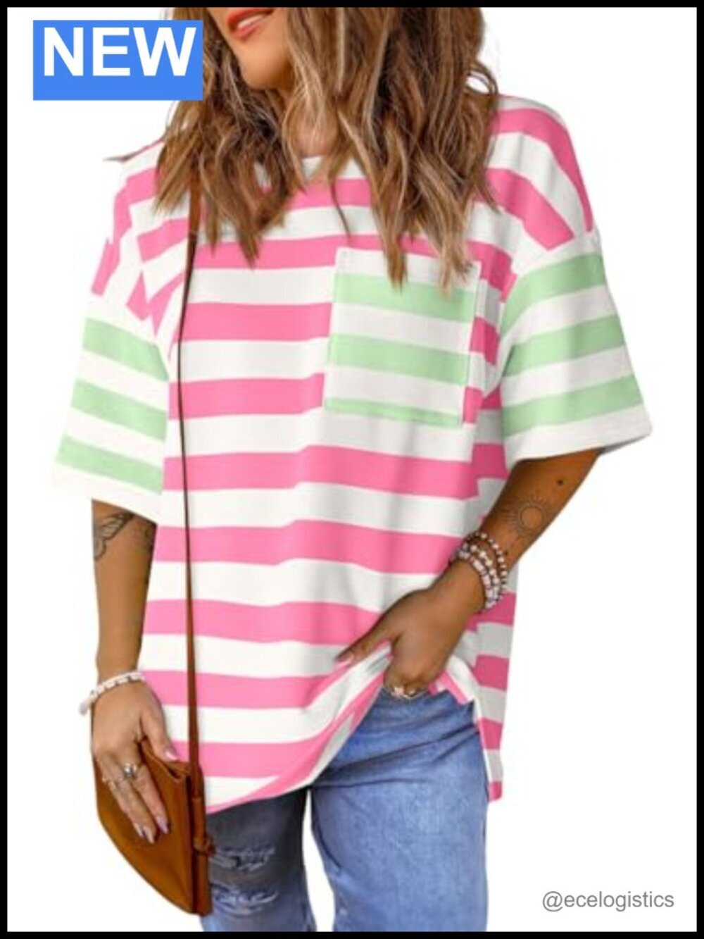 Oversized Color Block Striped Short Sleeve Tee Tops Loose Fit Crew Neck